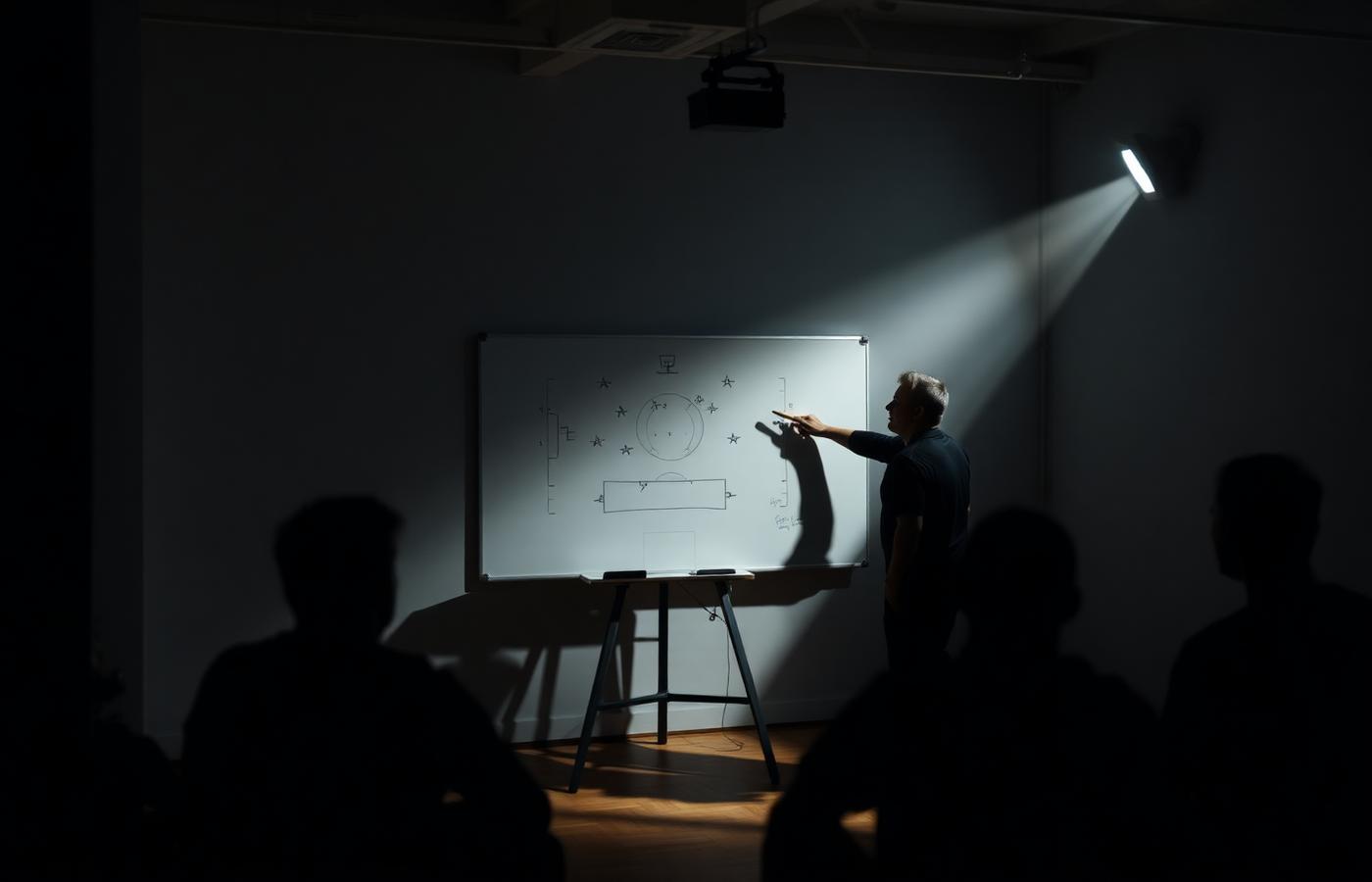 Coach drawing plays on a whiteboard in a film room