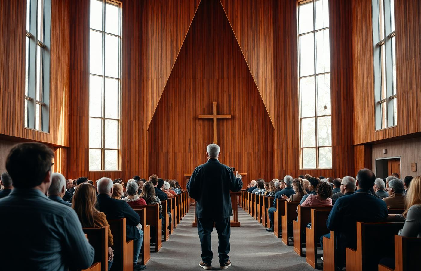 Speaking to a congregation in a church sanctuary