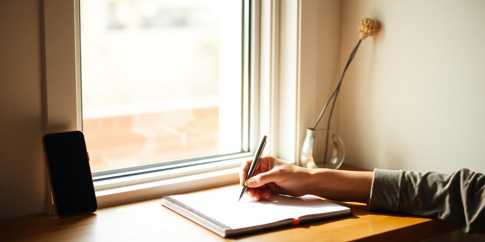Hand writing at a bright desk by a window
