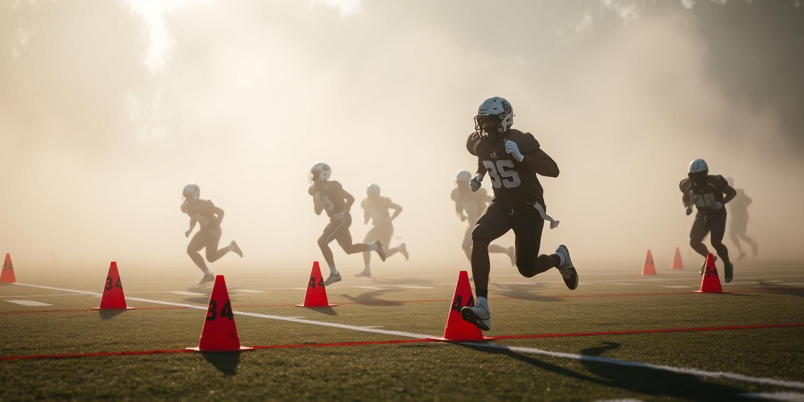 Athletes running drills through cones in morning fog