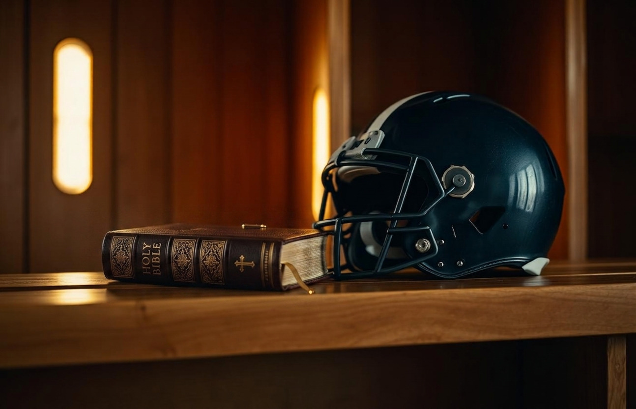 A worn Bible and helmet on a locker room bench