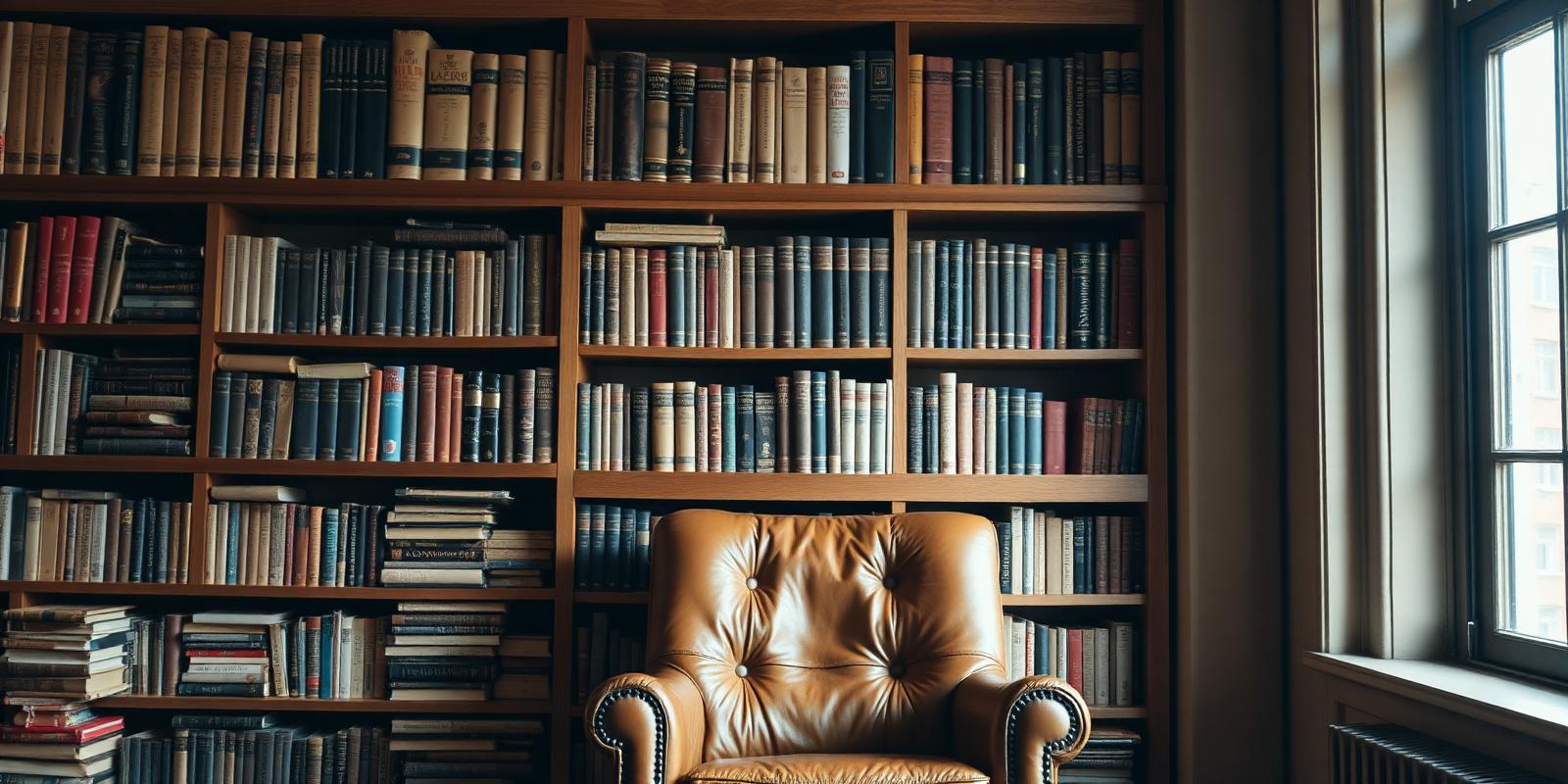 Wall of books in a warm home library
