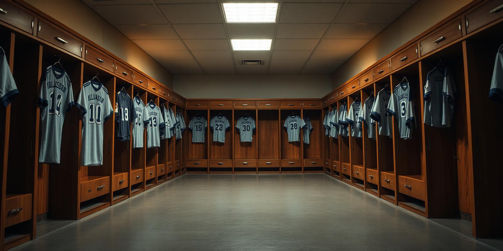 Empty locker room with jerseys hanging