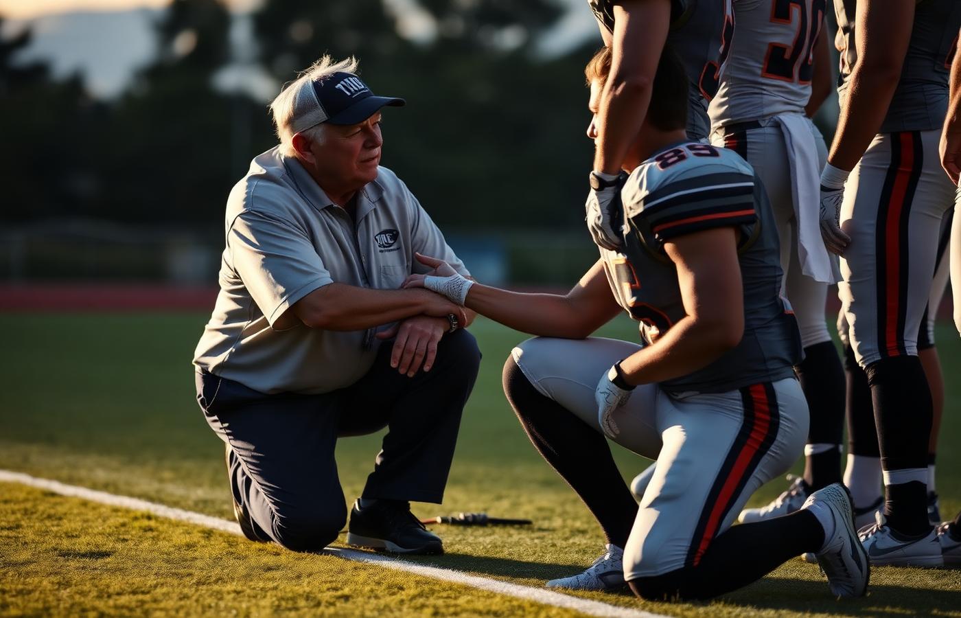 Coach mentoring a young athlete on the sideline