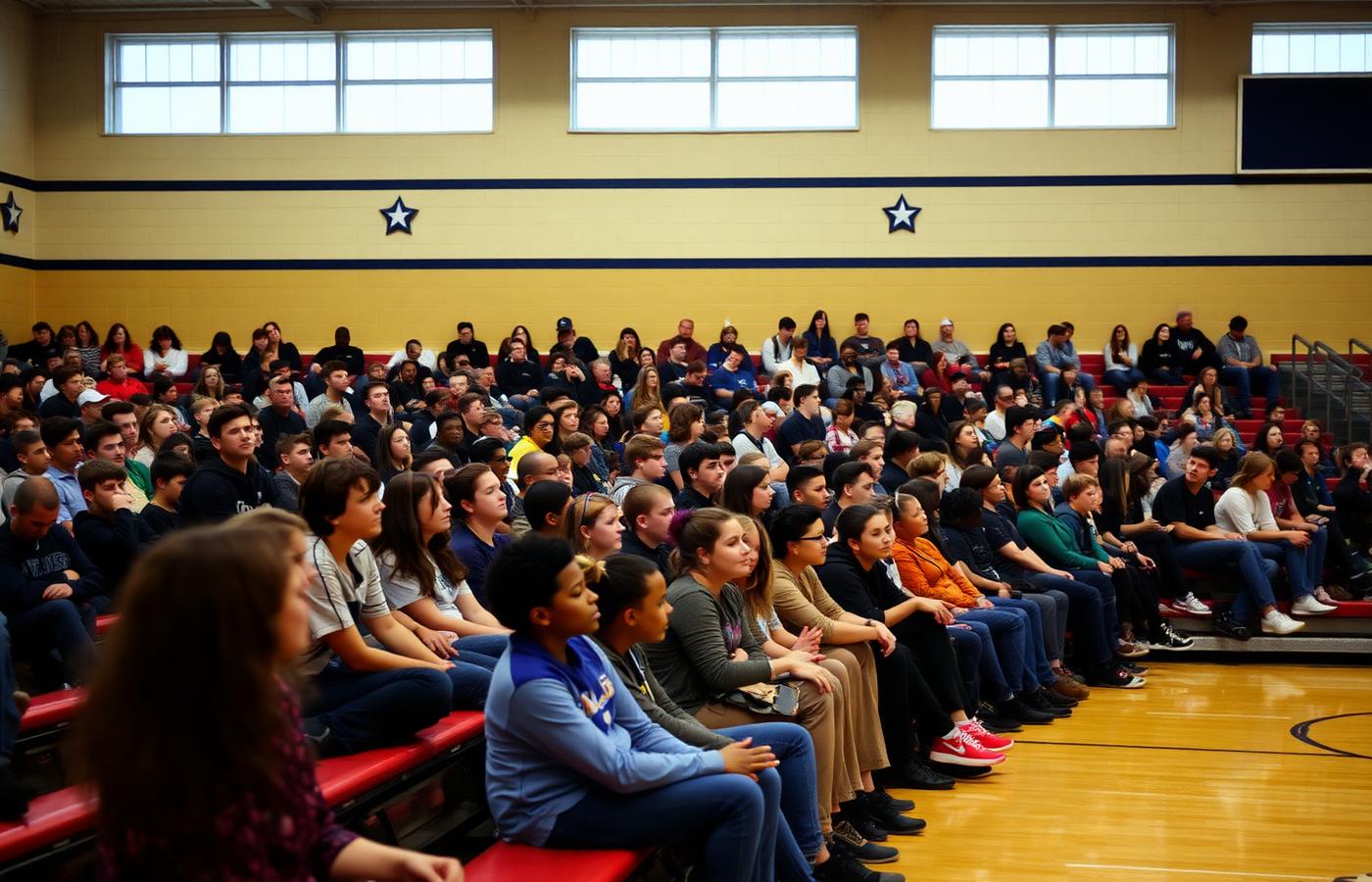 Students listening at a school assembly