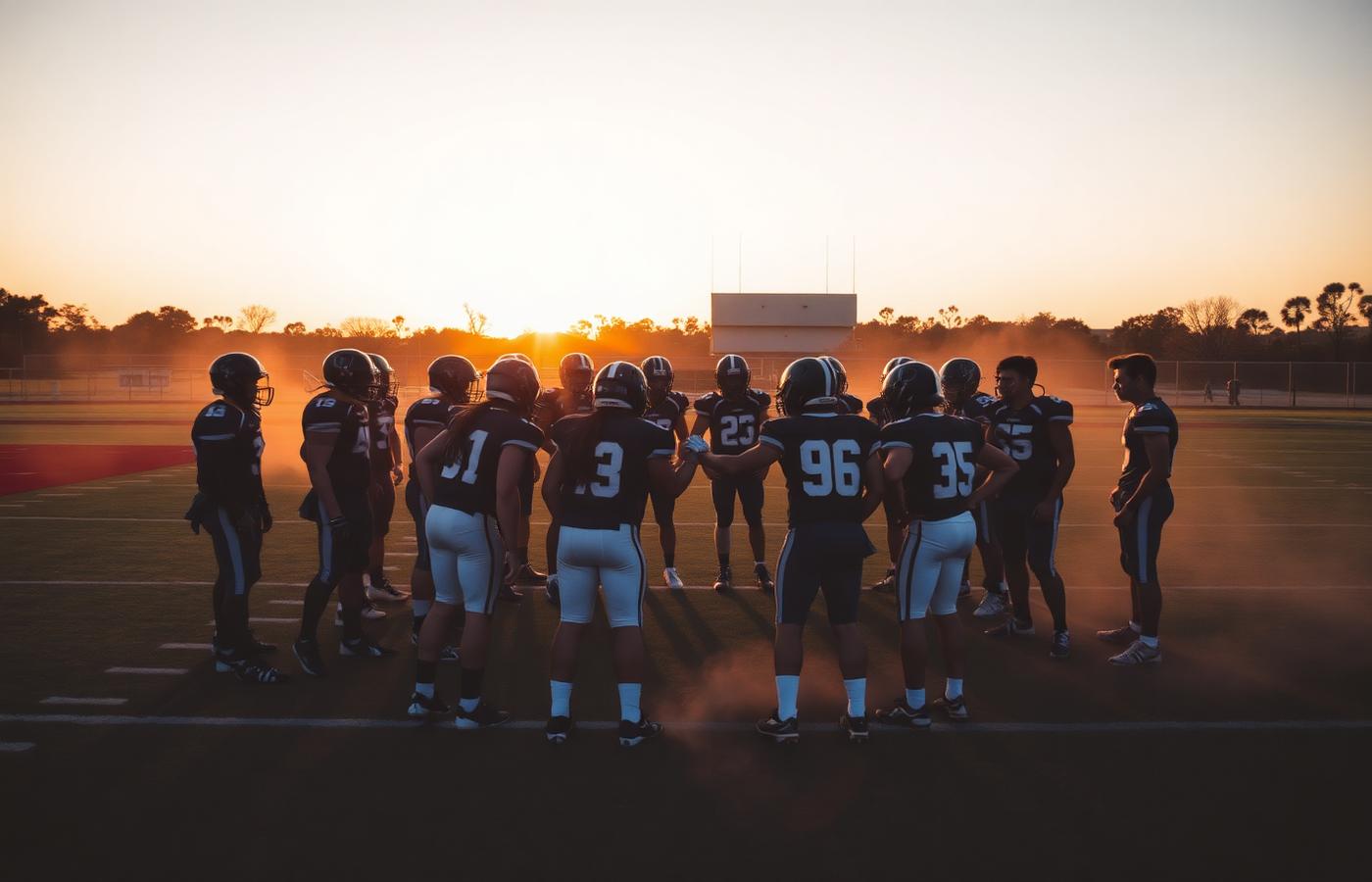 A football team huddled together at sunset