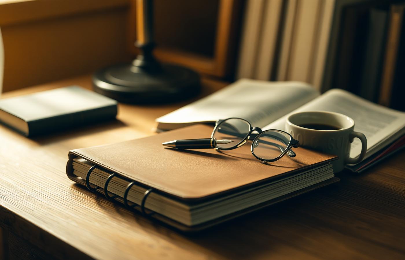 Writing desk with journal, pen, and reading glasses